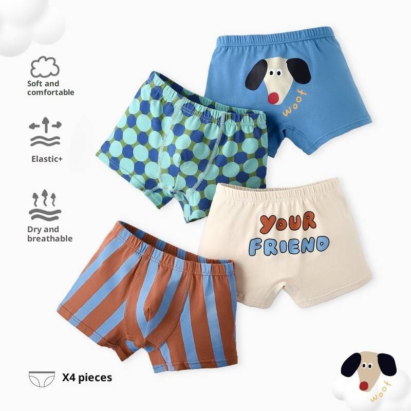 Striped and checkered boys' underwear, featuring cartoon dogs, made of pure cotton, Class A, flat-angle children's underwear  Comfortable and breathable  (4-pack）