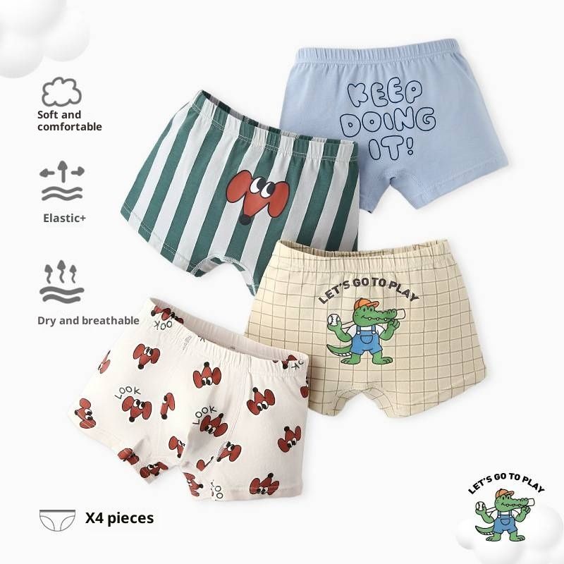 Striped and checkered boys' underwear, featuring cartoon dogs, made of pure cotton, Class A, flat-angle children's underwear  Comfortable and breathable  (4-pack）