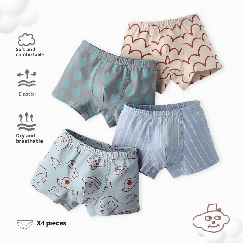 Striped and checkered boys' underwear, featuring cartoon dogs, made of pure cotton, Class A, flat-angle children's underwear  Comfortable and breathable  (4-pack）