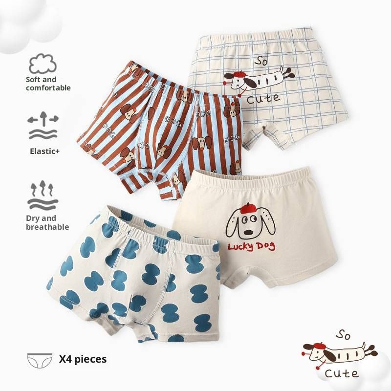 Striped and checkered boys' underwear, featuring cartoon dogs, made of pure cotton, Class A, flat-angle children's underwear  Comfortable and breathable  (4-pack）