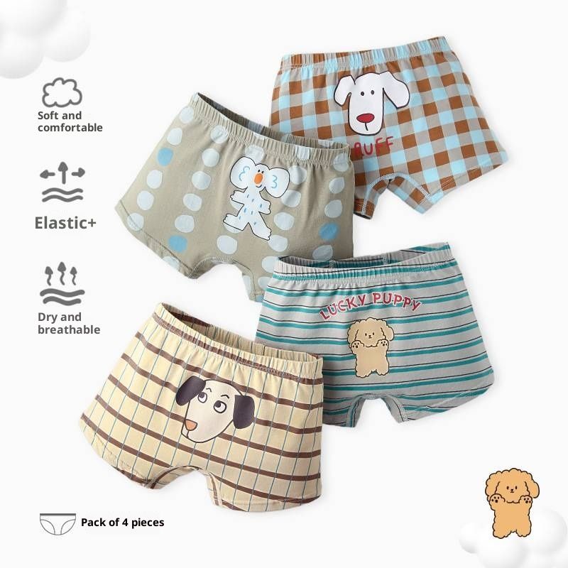 Striped and checkered boys' underwear, featuring cartoon dogs, made of pure cotton, Class A, flat-angle children's underwear  Comfortable and breathable  (4-pack）
