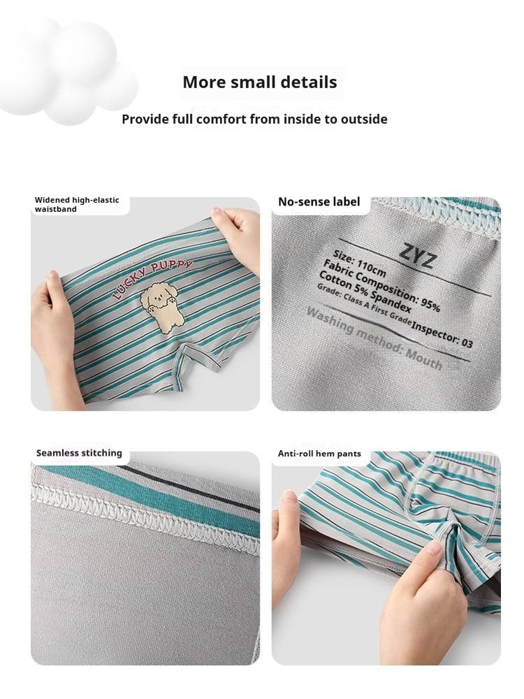 Striped and checkered boys' underwear, featuring cartoon dogs, made of pure cotton, Class A, flat-angle children's underwear  Comfortable and breathable  (4-pack）