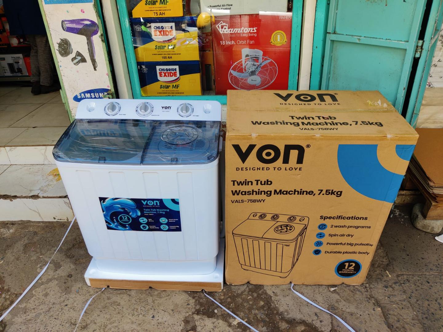 Von Twin Tub Washing Machine,7.5kgs, 2 Washing Programmes,Spin Air Dry,Powerful Big Pulsator,Very Durable Plastic Body