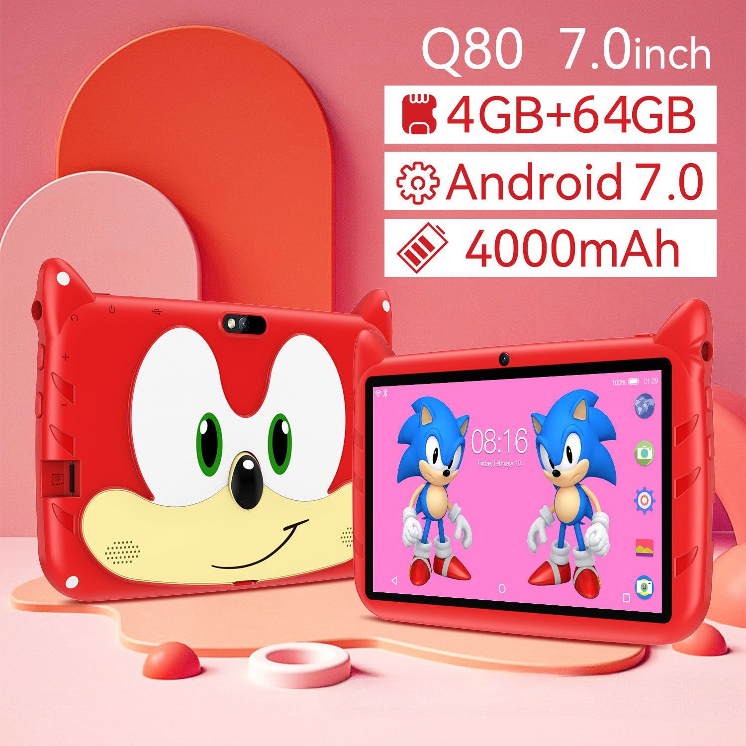 ZPL-Kids Tablet small and light,7 Inch Android 7 4GB+64GB Self-contained stand(Red) Red