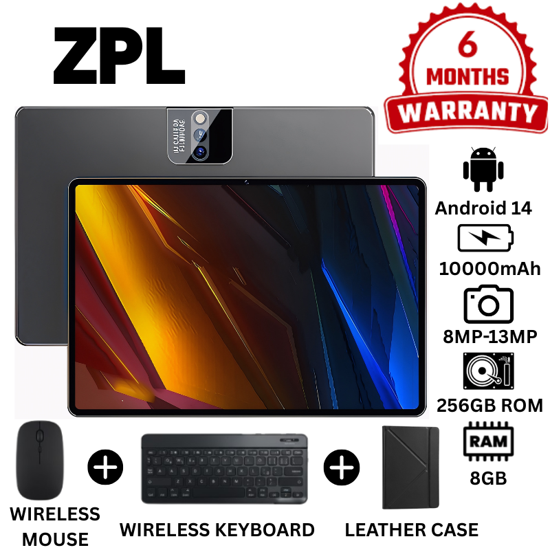 Brand New ZPL- dual SIM card10.1 Inch Android 14 Sim 8GB+256GB 8MP-13MP 10000mAh 22W Flash Charge MTK"6771" Keyboard & Mouse, Leather Case Accessories(Black)