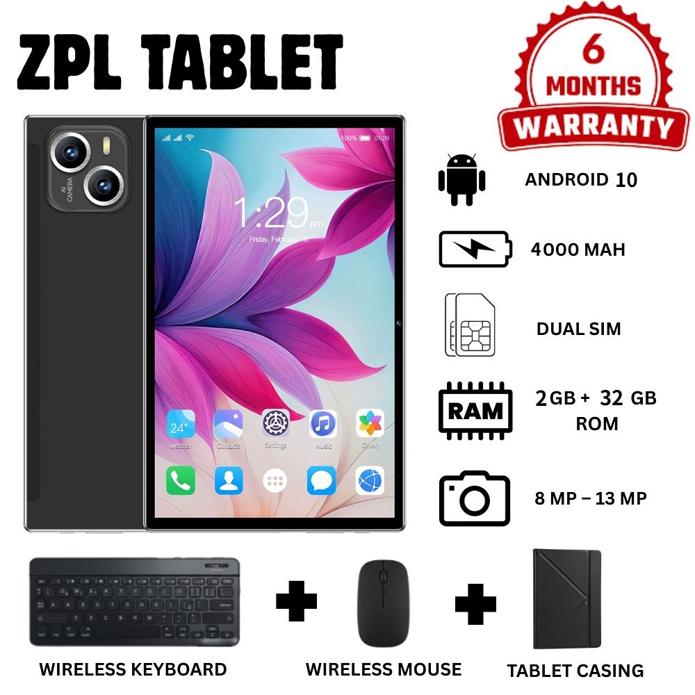 Brand New ZPL,dual SIM card slot 10.1 Inch Android 10 Sim 2GB+32GB 8MP-13MP 4000mAh MT"6737M" Keyboard & Mouse, Leather Case Accessories(Black)