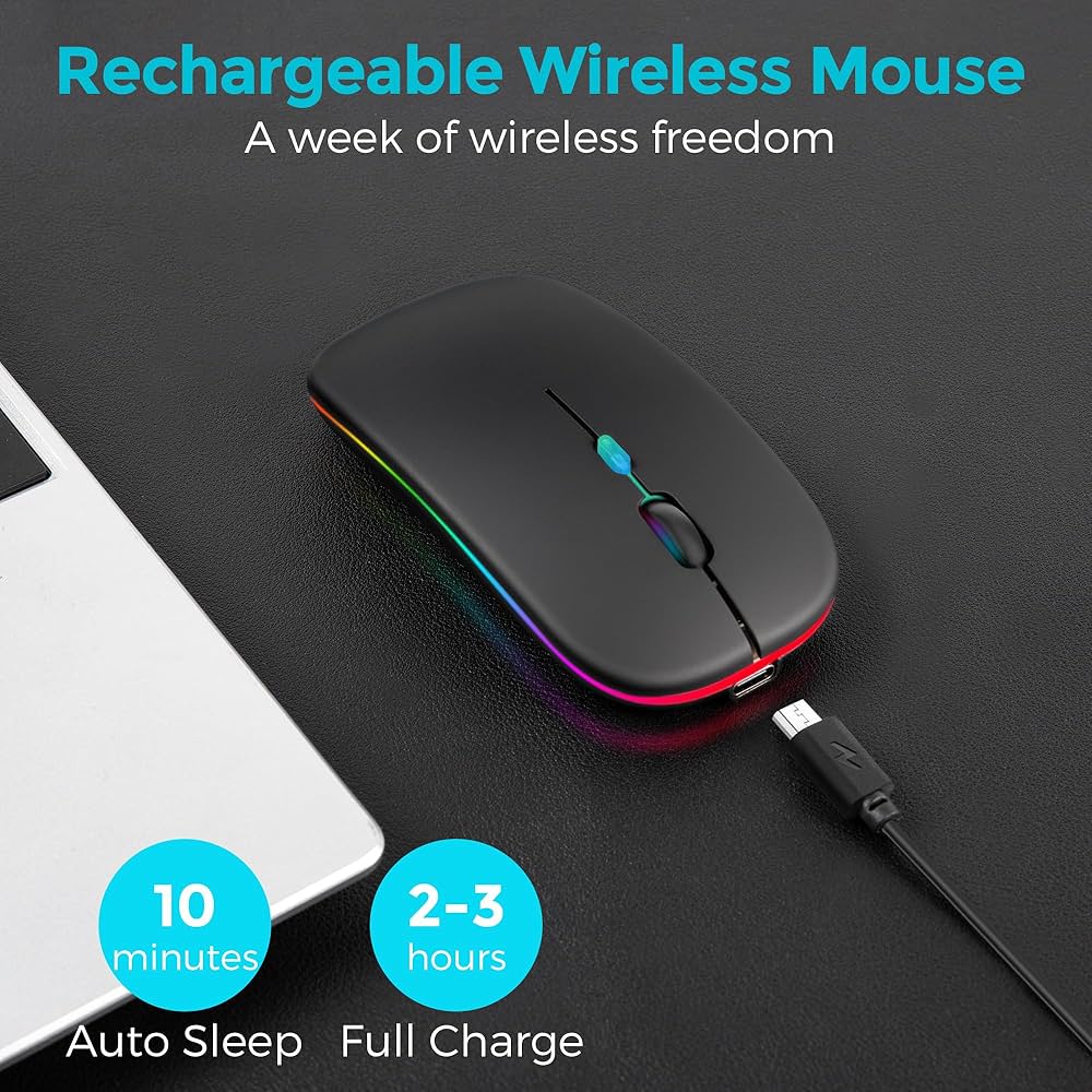 Wireless Rechargeable bluetooth Slim LED Silent Mouse 2.4G Portable Mobile Wireless Mouse Optical Office Mouse with USB Receiver, 3 Adjustable DPI for Laptop, Desktop and .color black
