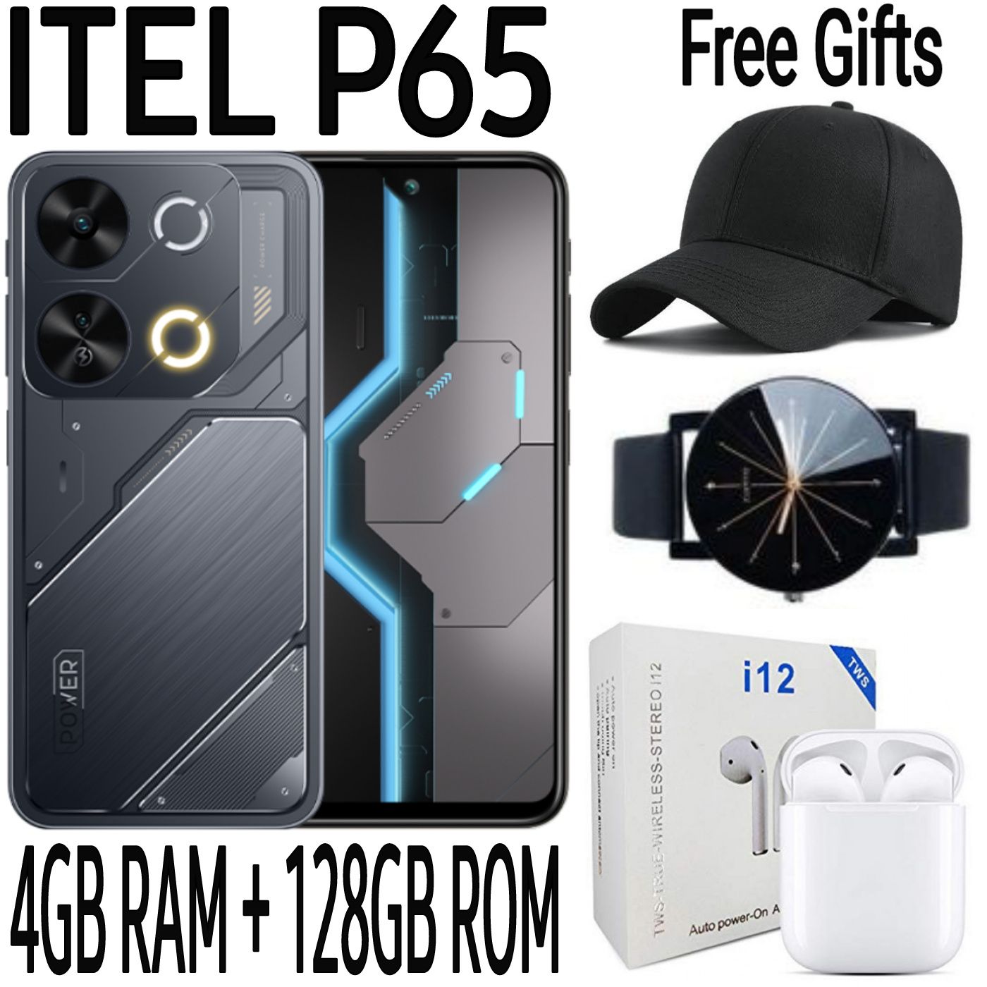 Itel P65 128GB + 8(4+4)GB RAM 6.7" Screen 120Hz 4G Dual SIM Brand New Phone 7400mAh Battery 18W Charging 50MP Camera Side Fingerprint Android 14 Smartphones (Free Charging Case) + FREE  AMAZING GIFTS