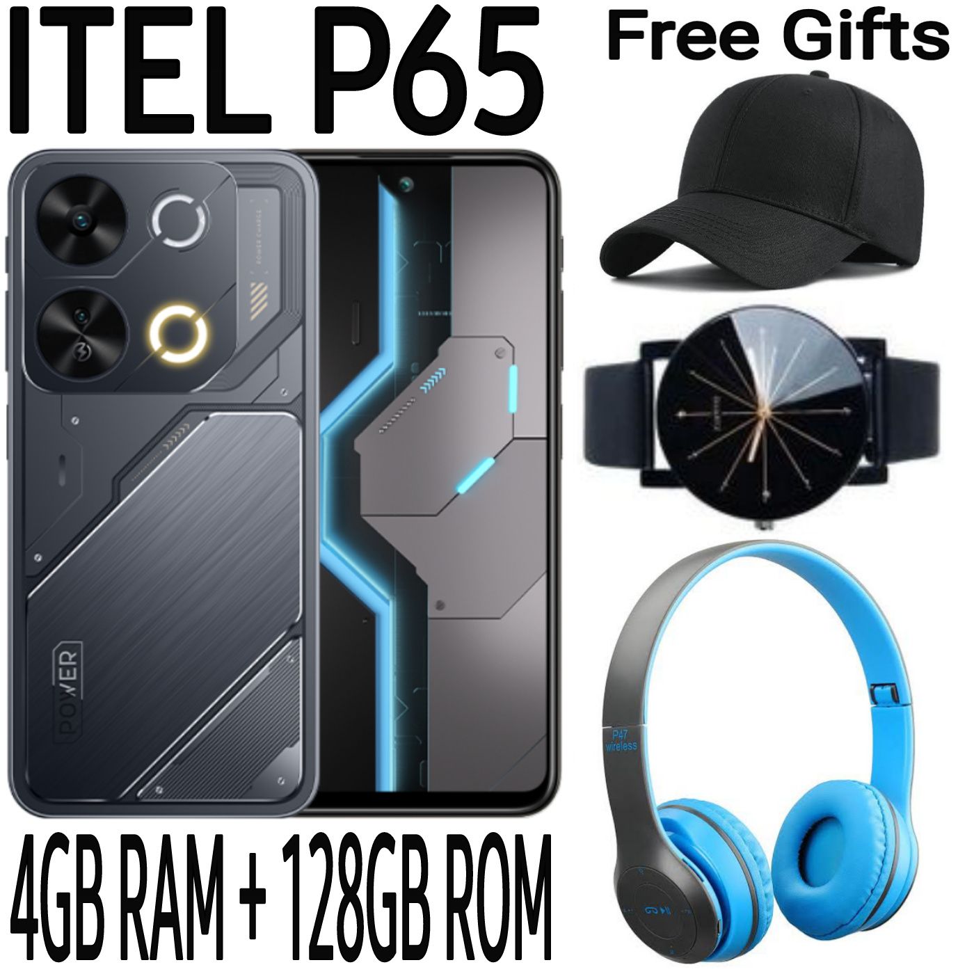 Itel P65 128GB + 8(4+4)GB RAM 6.7" Screen 120Hz 4G Dual SIM Brand New Phone 7400mAh Battery 18W Charging 50MP Camera Side Fingerprint Android 14 Smartphones (Free Charging Case) + FREE  AMAZING GIFTS