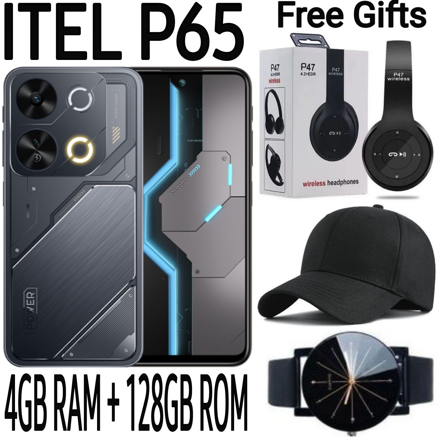 Itel P65 128GB + 8(4+4)GB RAM 6.7" Screen 120Hz 4G Dual SIM Brand New Phone 7400mAh Battery 18W Charging 50MP Camera Side Fingerprint Android 14 Smartphones (Free Charging Case) + FREE  AMAZING GIFTS