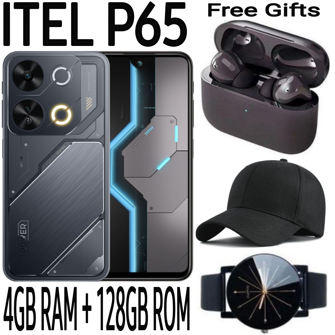 Itel P65 128GB + 8(4+4)GB RAM 6.7" Screen 120Hz 4G Dual SIM Brand New Phone 7400mAh Battery 18W Charging 50MP Camera Side Fingerprint Android 14 Smartphones (Free Charging Case) + FREE  AMAZING GIFTS