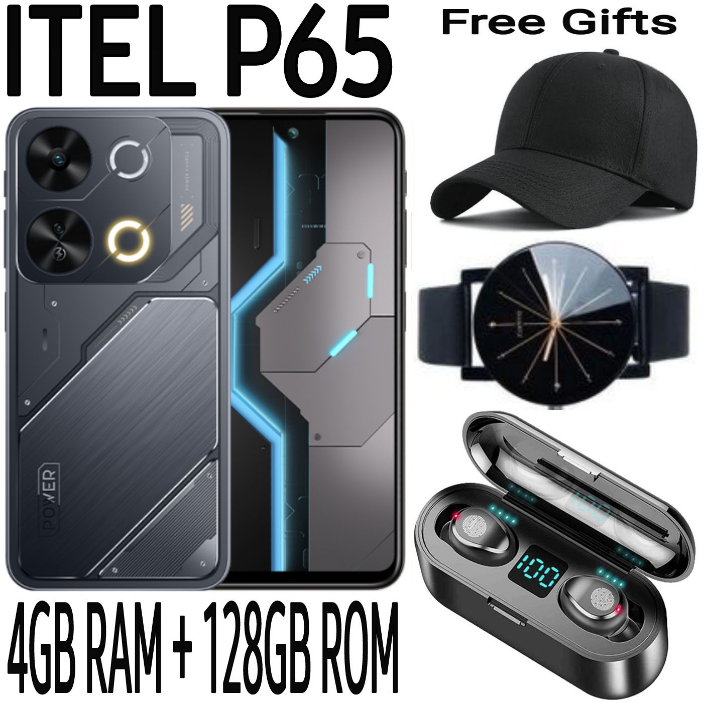 Itel P65 128GB + 8(4+4)GB RAM 6.7" Screen 120Hz 4G Dual SIM Brand New Phone 7400mAh Battery 18W Charging 50MP Camera Side Fingerprint Android 14 Smartphones (Free Charging Case) + FREE  AMAZING GIFTS