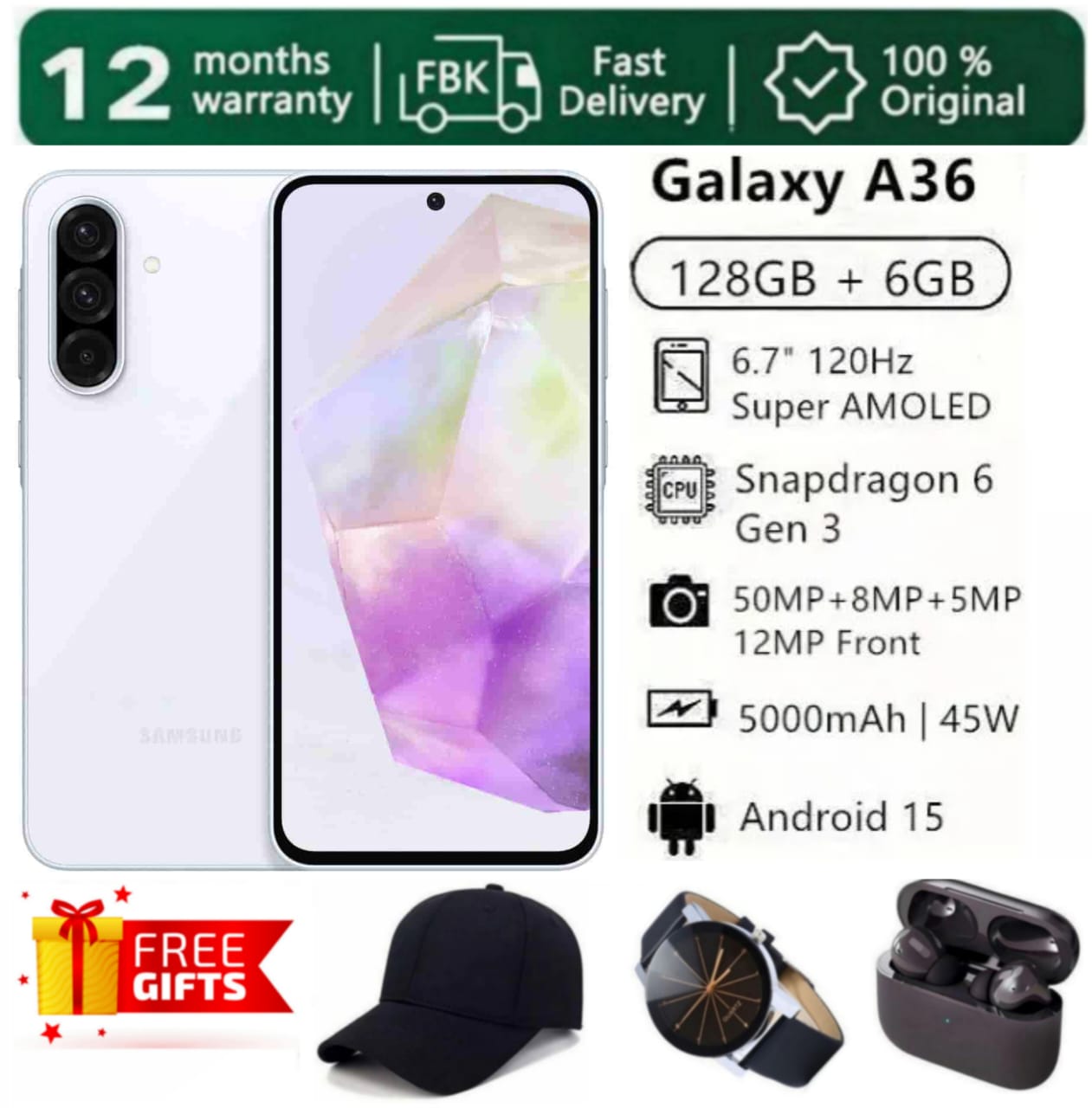 [SUPER DEALS!!!] SAMSUNG GALAXY A36 5G 128GB ROM + 6GB RAM 6.7" 120Hz AMOLED Display 50MP Triple Camera Android 15 Snapdragon 6 Gen 3 45W 5000mAh IP67 Type-C Smart Phones + FREE GIFTS
