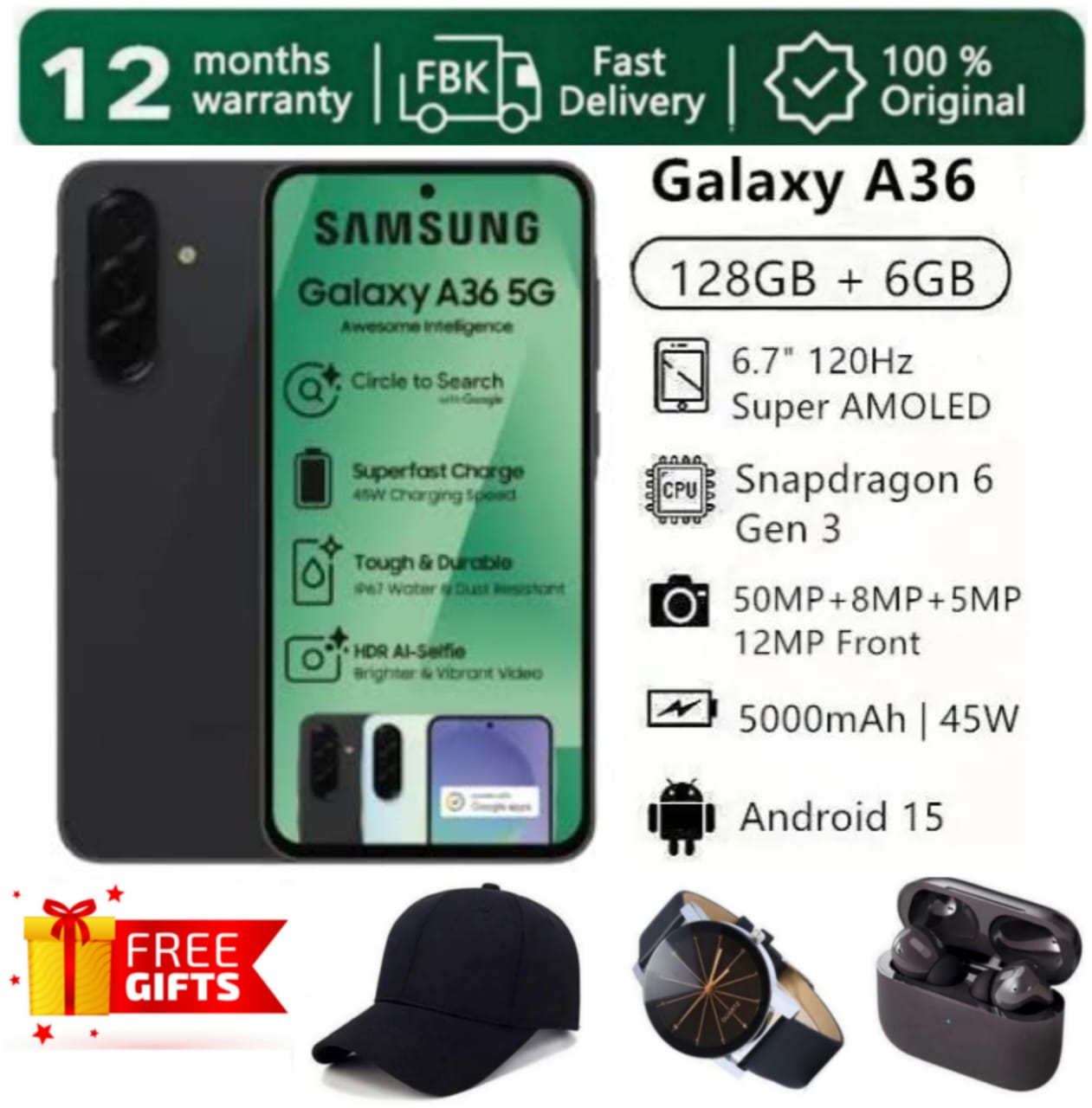 [SUPER DEALS!!!] SAMSUNG GALAXY A36 5G 128GB ROM + 6GB RAM 6.7" 120Hz AMOLED Display 50MP Triple Camera Android 15 Snapdragon 6 Gen 3 45W 5000mAh IP67 Type-C Smart Phones + FREE GIFTS