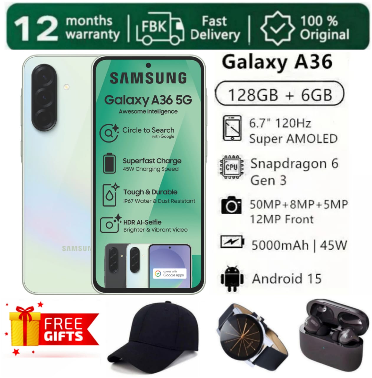 [SUPER DEALS!!!] SAMSUNG GALAXY A36 5G 128GB ROM + 6GB RAM 6.7" 120Hz AMOLED Display 50MP Triple Camera Android 15 Snapdragon 6 Gen 3 45W 5000mAh IP67 Type-C Smart Phones + FREE GIFTS