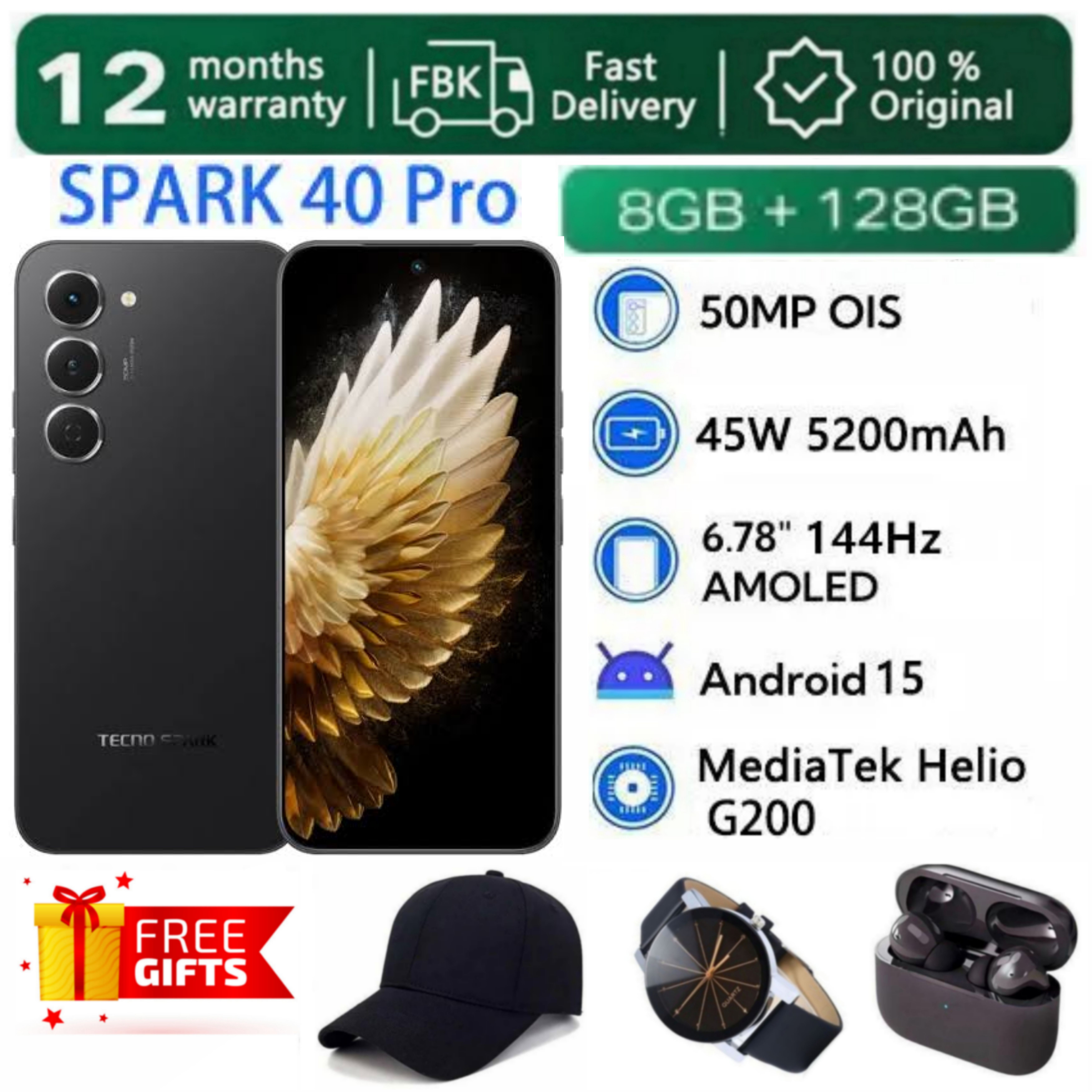 [SUPER DEALS!!!] TECNO Spark 40 Pro 128GB+16(8+8)GB 6.78" 144Hz AMOLED Display 50+13MP Camera 5200mAh Battery 45W Fast Charge IP64 Dual SIM Android Smartphone + FREE GIFTS INCLUDED