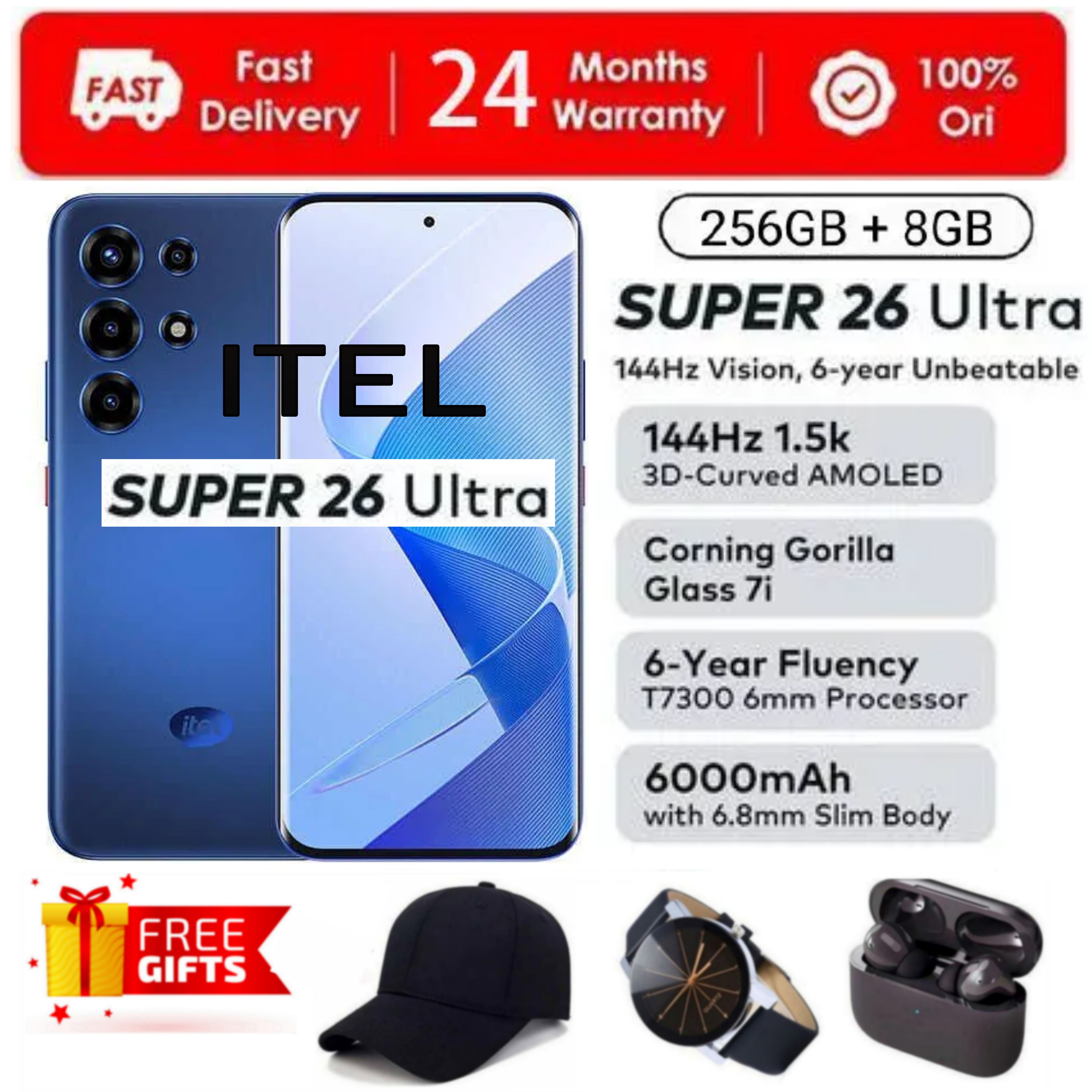 [SUPER DEALS!!!] Itel SUPER 26 ULTRA 8GB RAM + 256GB ROM Storage 6.8" Inch 144Hz 3D Curved AMOLED Display In-display fingerprint scanner IP65 6000mAh Dual sim + FREE GIFTS INCLUDED