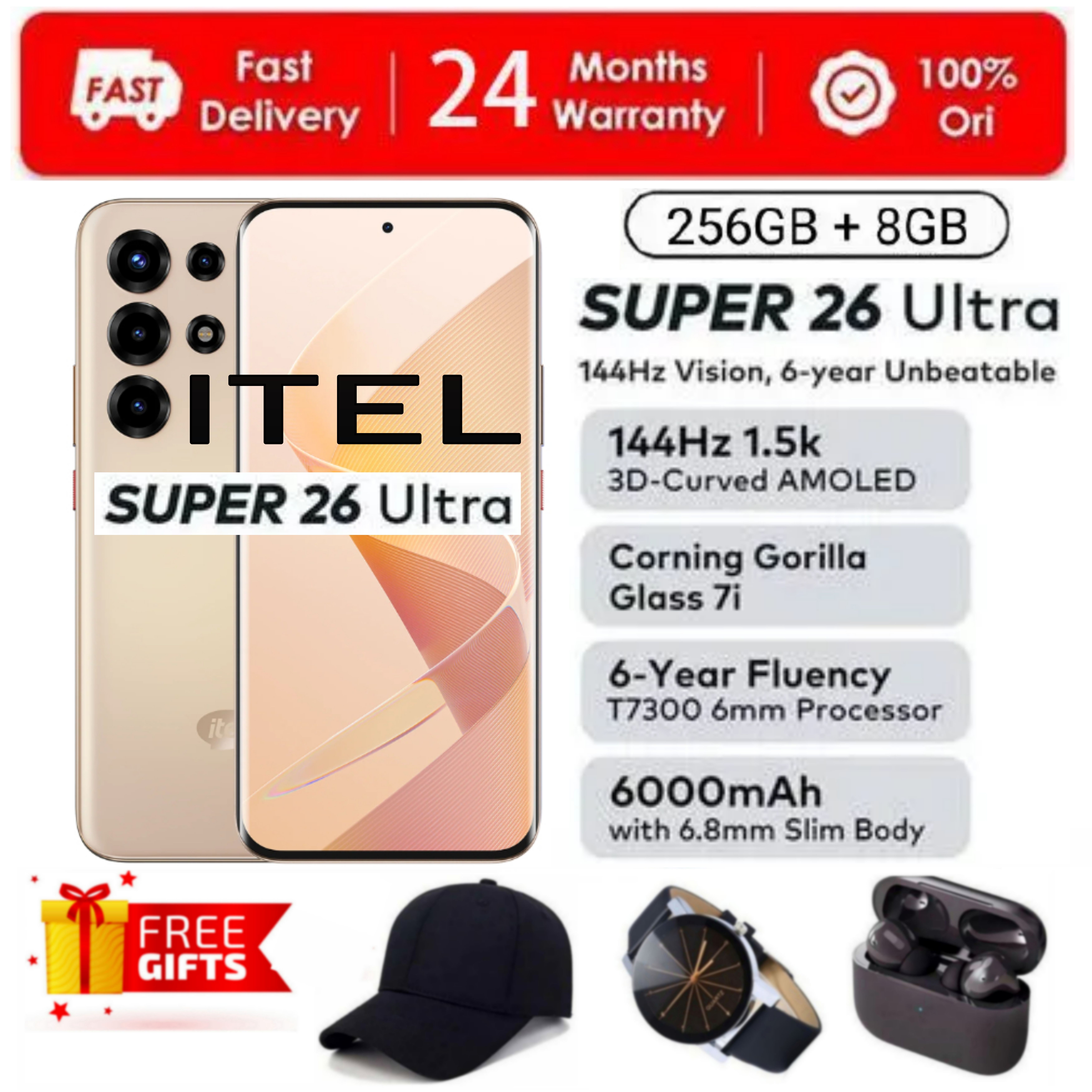 [SUPER DEALS!!!] Itel SUPER 26 ULTRA 8GB RAM + 256GB ROM Storage 6.8" Inch 144Hz 3D Curved AMOLED Display In-display fingerprint scanner IP65 6000mAh Dual sim + FREE GIFTS INCLUDED