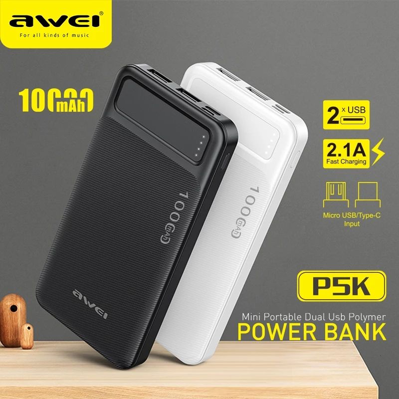New Arrival AWEI P5K Power Banks 10000mah Dc 5v Type-C Charging Promotion Power Bank For Smart phones Laptop Tablet Portable Battery Charger Mobile Phone Mobile 2.1A Power Bank tv earpods