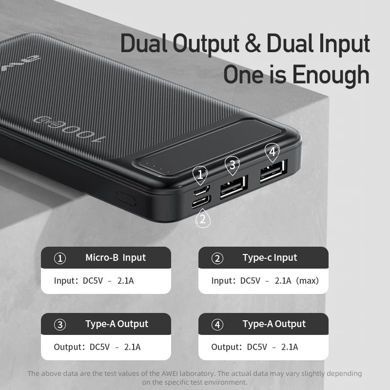 New Arrival AWEI P5K Power Banks 10000mah Dc 5v Type-C Charging Promotion Power Bank For Smart phones Laptop Tablet Portable Battery Charger Mobile Phone Mobile 2.1A Power Bank tv earpods