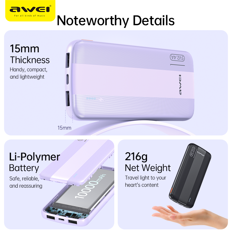 New Arrival AWEI P20K Power Banks 10000mah Dc 5v Type-C Charging Promotion Power Bank For Smart phones Laptop Tablet Portable Battery Charger Mobile Phone 2.4A Mobile Power Bank tv earpods