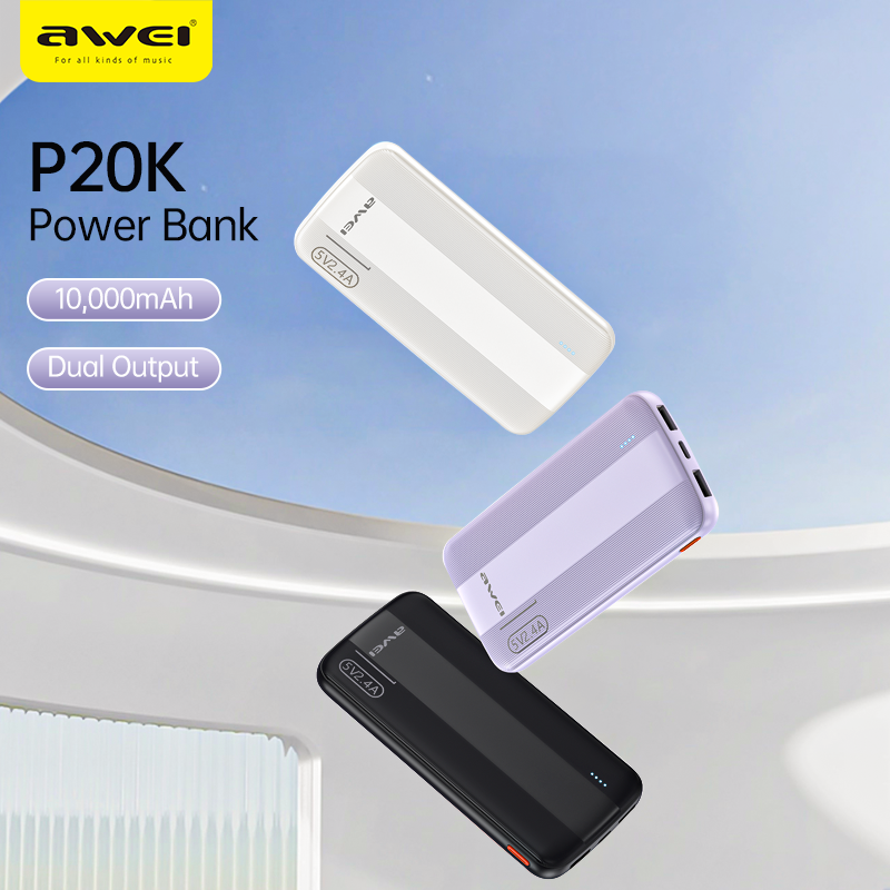 New Arrival AWEI P20K Power Banks 10000mah Dc 5v Type-C Charging Promotion Power Bank For Smart phones Laptop Tablet Portable Battery Charger Mobile Phone 2.4A Mobile Power Bank tv earpods