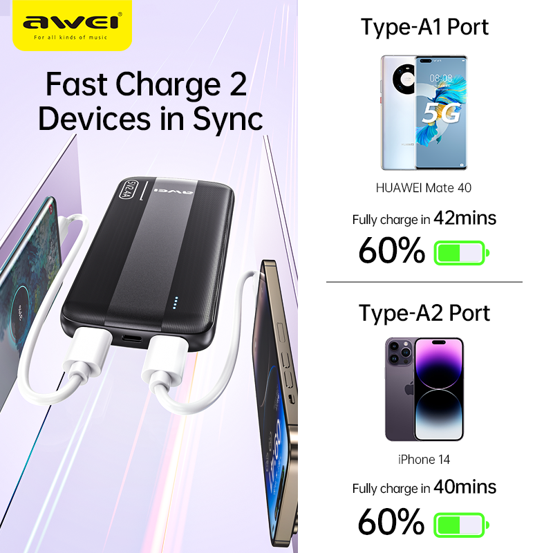 New Arrival AWEI P20K Power Banks 10000mah Dc 5v Type-C Charging Promotion Power Bank For Smart phones Laptop Tablet Portable Battery Charger Mobile Phone 2.4A Mobile Power Bank tv earpods