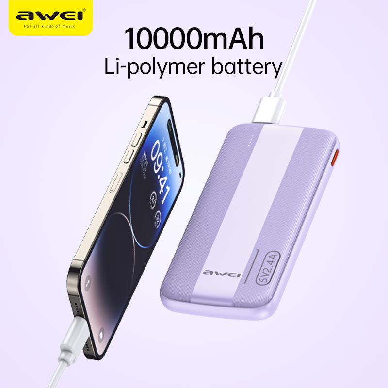 New Arrival AWEI P20K Power Banks 10000mah Dc 5v Type-C Charging Promotion Power Bank For Smart phones Laptop Tablet Portable Battery Charger Mobile Phone 2.4A Mobile Power Bank tv earpods