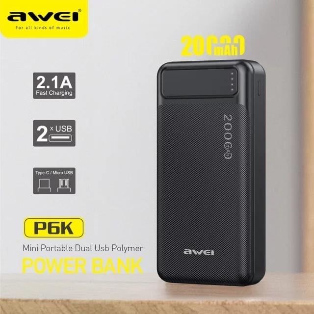 New Arrival Awei P6K Power Banks 20000mah Dc 5v Type-C Charging Promotion Power Bank For Smart phones Laptop Tablet Portable Battery Charger Mobile Phone Mobile Power Bank tv earpods earphones