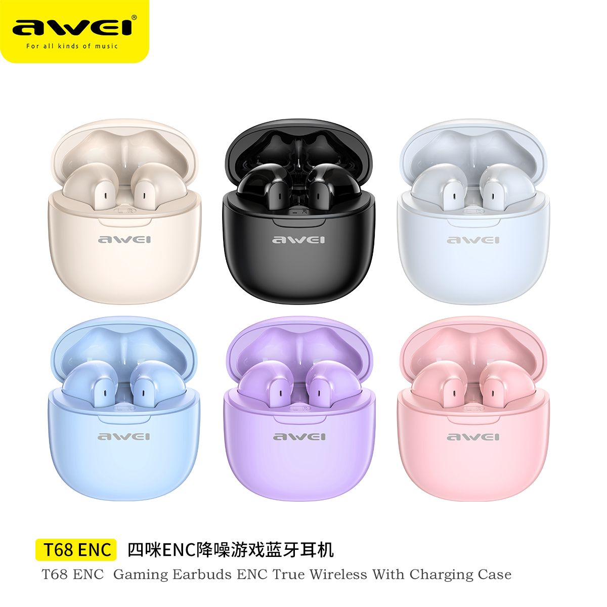 Awei T68 Earphone Earpods ENC TWS Wireless Earphones Bluetooth 5.3 Charging Case 4 Microphone Noise Reduction TWS Earbuds Deep Bass Touch Earphones Long Battery Life Gaming Headset Era