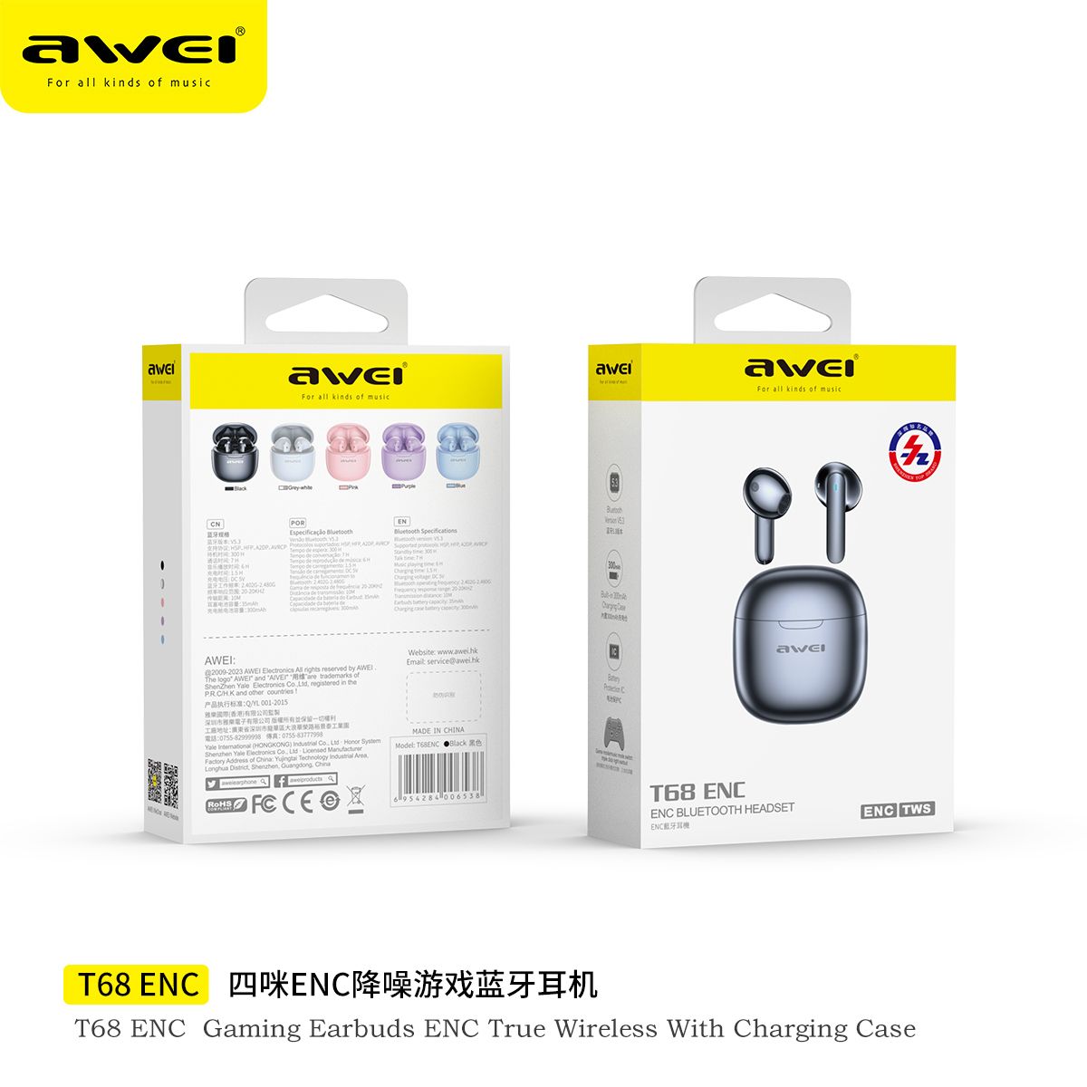 Awei T68 Earphone Earpods ENC TWS Wireless Earphones Bluetooth 5.3 Charging Case 4 Microphone Noise Reduction TWS Earbuds Deep Bass Touch Earphones Long Battery Life Gaming Headset Era