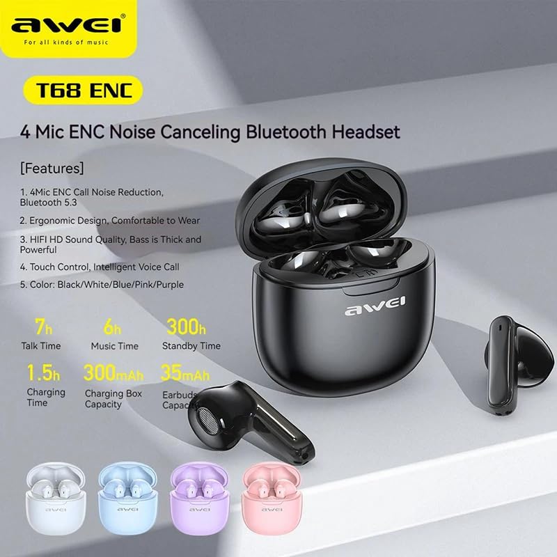 Awei T68 Earphone Earpods ENC TWS Wireless Earphones Bluetooth 5.3 Charging Case 4 Microphone Noise Reduction TWS Earbuds Deep Bass Touch Earphones Long Battery Life Gaming Headset Era
