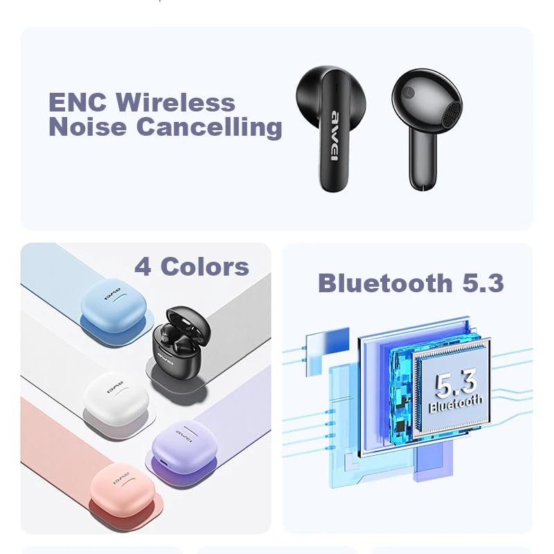 Awei T68 Earphone Earpods ENC TWS Wireless Earphones Bluetooth 5.3 Charging Case 4 Microphone Noise Reduction TWS Earbuds Deep Bass Touch Earphones Long Battery Life Gaming Headset Era