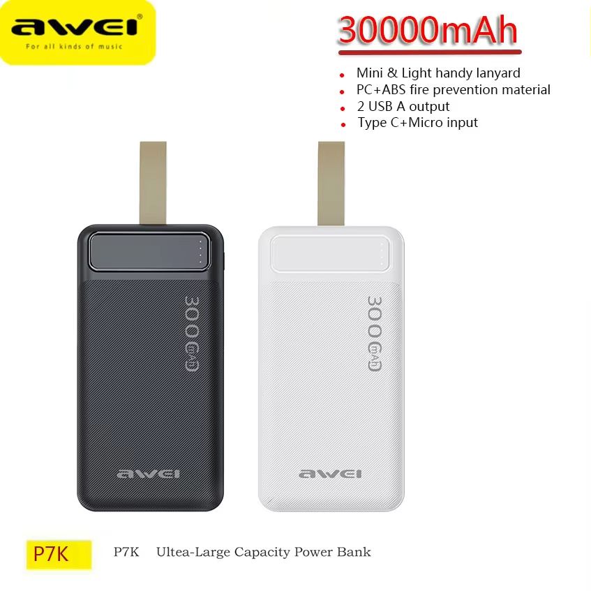 New Arrival Awei P7k Power Banks 30000mah Dc 5v Type-C Charging Promotion Power Bank Smart phones Laptop Tablet Portable Battery Charger Mobile Phone Mobile Power Bank tv earpods