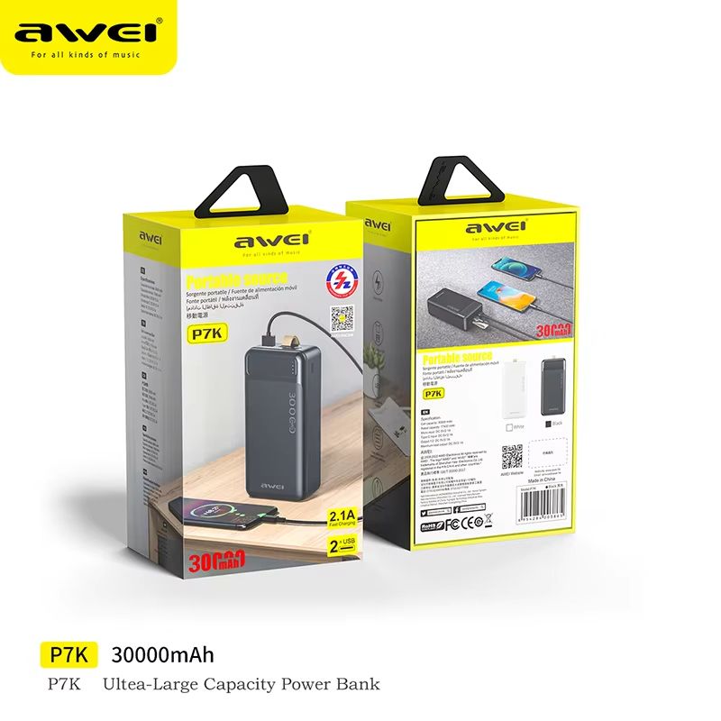New Arrival Awei P7k Power Banks 30000mah Dc 5v Type-C Charging Promotion Power Bank Smart phones Laptop Tablet Portable Battery Charger Mobile Phone Mobile Power Bank tv earpods