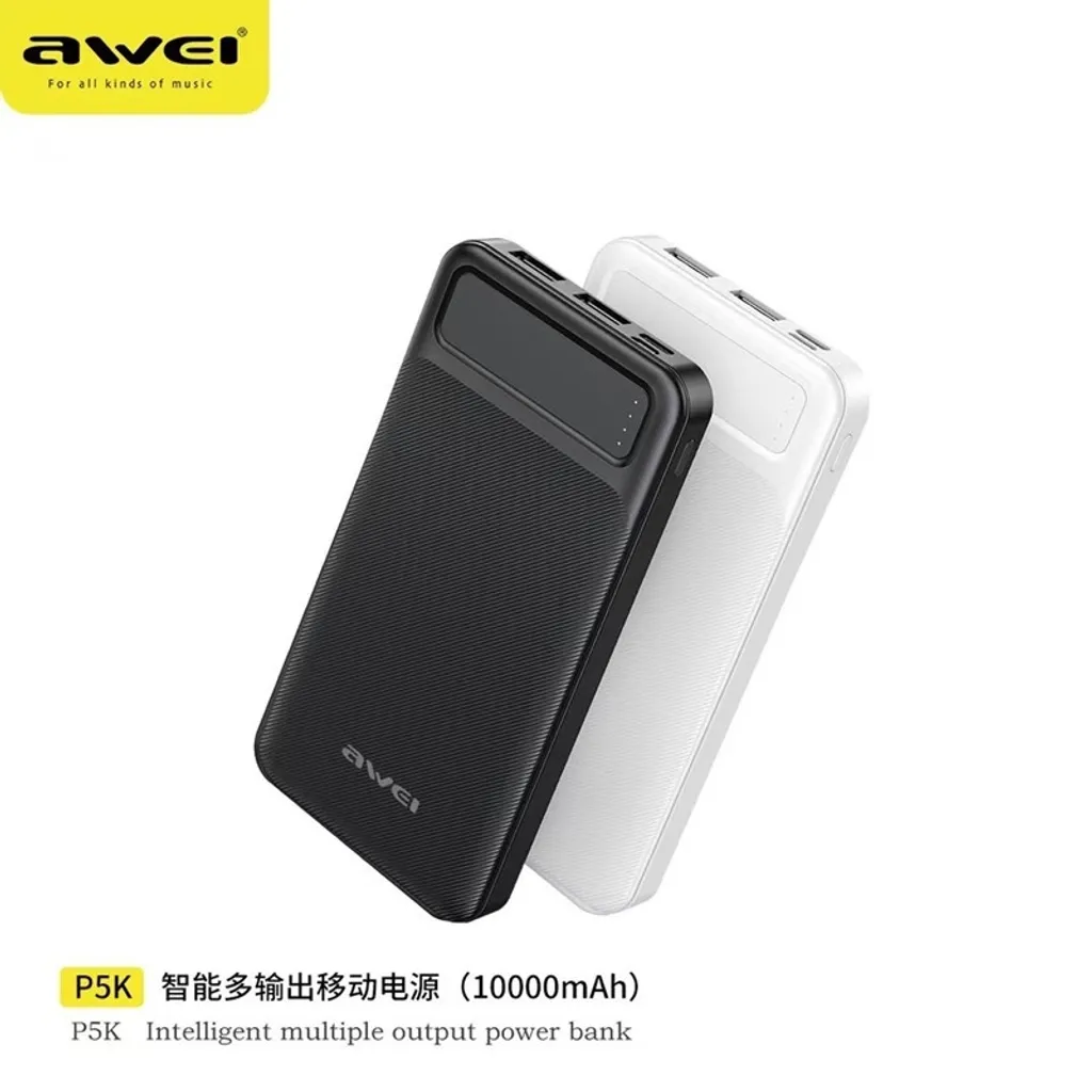 New Arrival AWEI P5K Power Banks 10000mah Dc 5v Type-C Charging Promotion Power Bank For Smart phones Laptop Tablet Portable Battery Charger Mobile Phone Mobile 2.1A Power Bank tv earpods