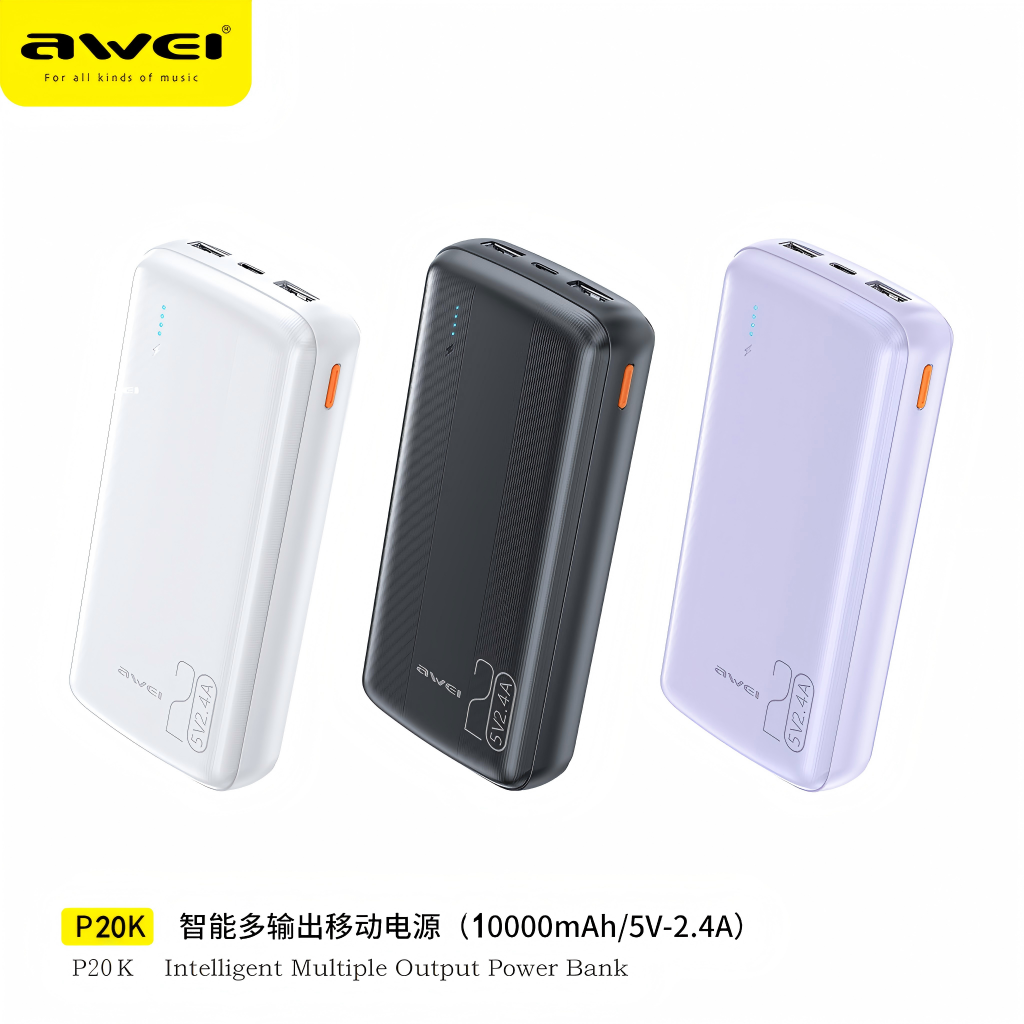 New Arrival AWEI P20K Power Banks 10000mah Dc 5v Type-C Charging Promotion Power Bank For Smart phones Laptop Tablet Portable Battery Charger Mobile Phone 2.4A Mobile Power Bank tv earpods