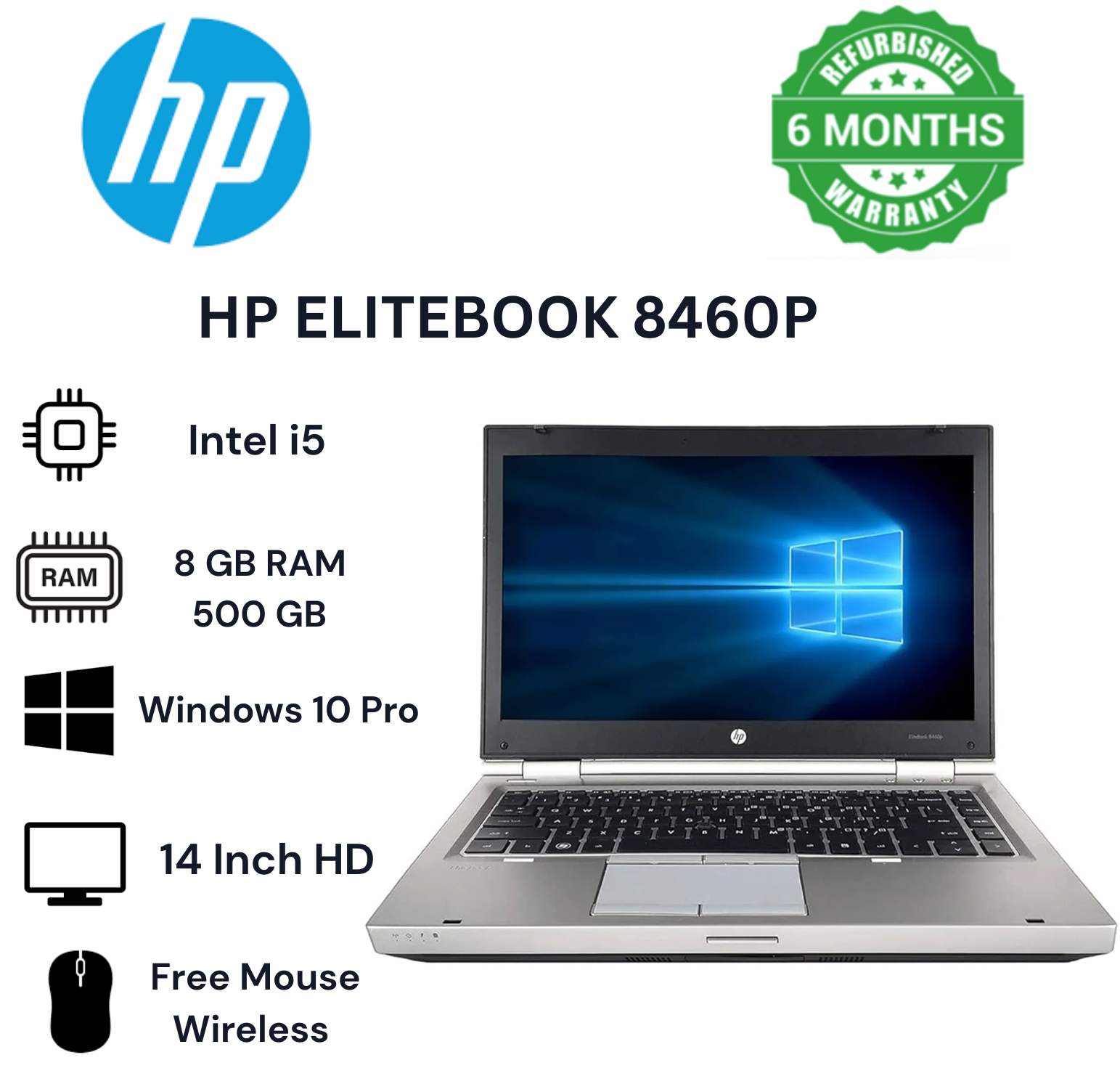(FREE WIRELESS MOUSE) HP ELITEBOOK 8460P LAPTOP CORE i5 8GB RAM + 500GB HDD STORAGE 14" INCH REFURBISHED SILVER 6 MONTHS WARRANTY INSTALLED WINDOWS 10 PRO AND OFFICE 2021 LAPTOPS COMPUTER