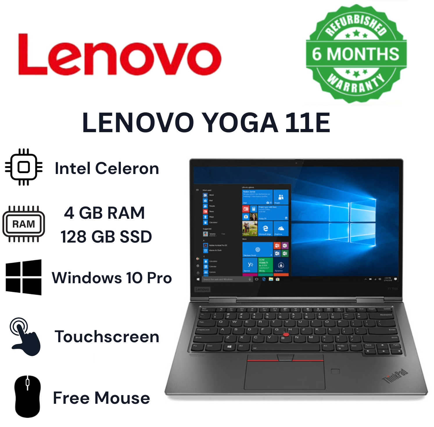 FREE MOUSE  LENOVO YOGA 11E 4GB RAM 128GB SSD 2 IN 1 TOUCHSCREEN X360 LAPTOP REFURBISHED LAPTOP  BLACK  11.6" INCH  INSTALLED WINDOWS 10 PRO LAPTOPS OFFICE COMPUTER