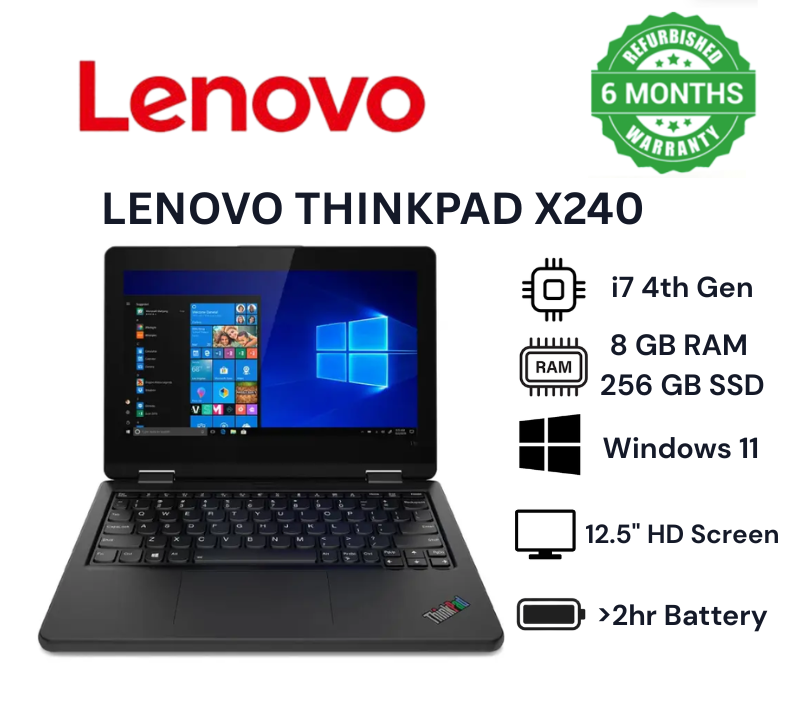 LENOVO ThinkPad X240 Intel Core i7 8GB RAM + 256GB SSD Storage Refurbished Laptop 12.5’’ Inches HD Screen Display Installed Windows 11 Pro Laptops Office Computer