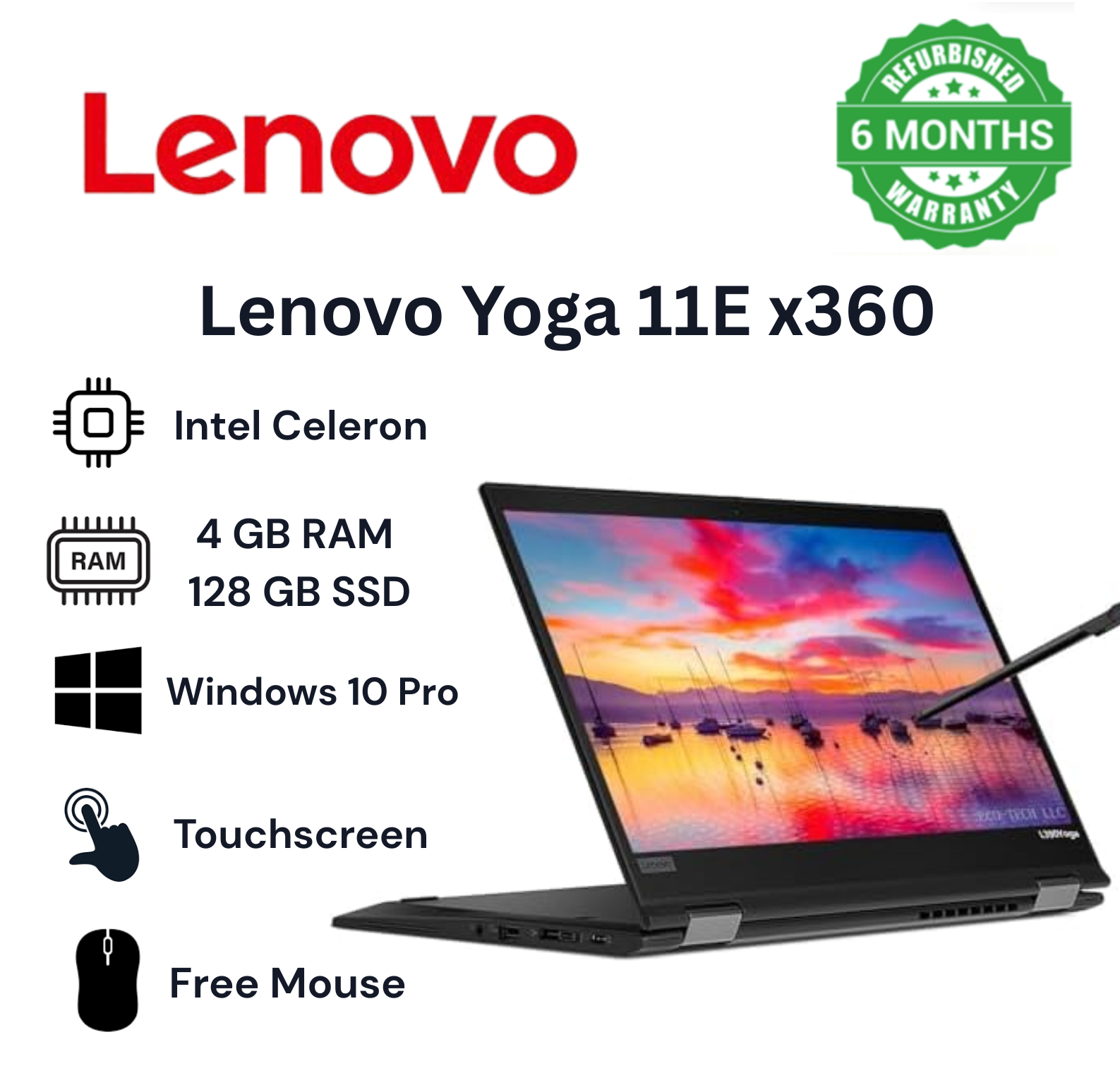 (FREE MOUSE) LENOVO YOGA 11E 4GB RAM 128GB SSD 2 IN 1 TOUCHSCREEN X360 LAPTOP REFURBISHED LAPTOP  BLACK  11.6" INCH  INSTALLED WINDOWS 10 PRO LAPTOPS OFFICE COMPUTER