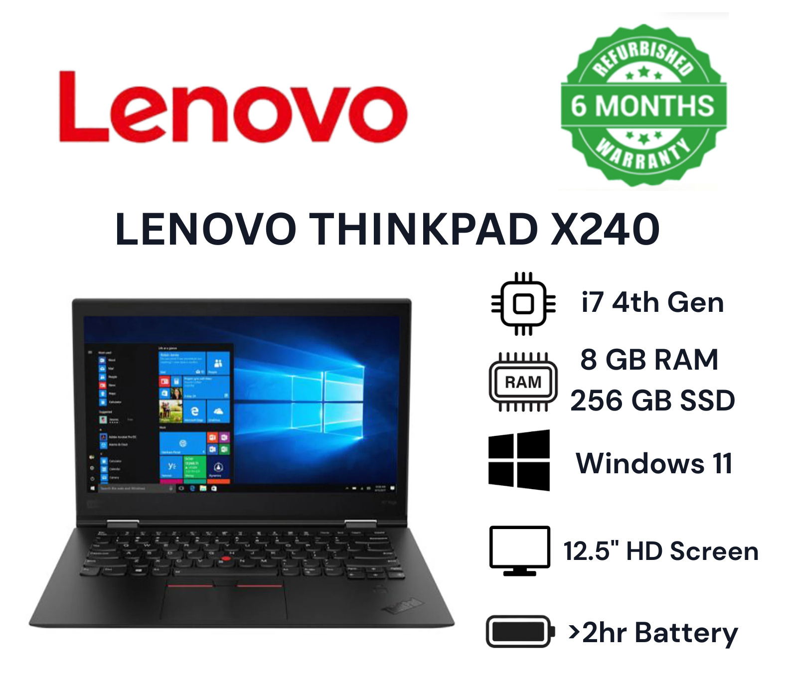 [HOT DEAL] LENOVO ThinkPad X240 Intel Core i7 8GB RAM + 256GB SSD Storage Refurbished Laptop 12.5’’ Inches HD Screen Display Installed Windows 11 Pro Laptops Office Computer