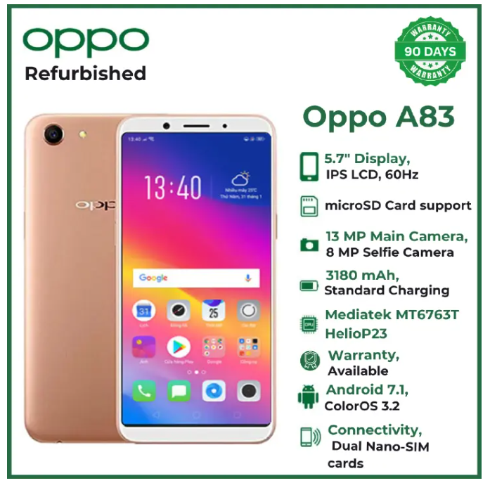 Refurbished OPPO A83 6GB RAM + 64GB ROM 5.7-inch display 13 MP 3180 mAh Fingerprint unlock phone Dual SIM 4G phone Refurbished Smartphones Mobile Phones 64 GB phone 4G Phones oppo smartphone