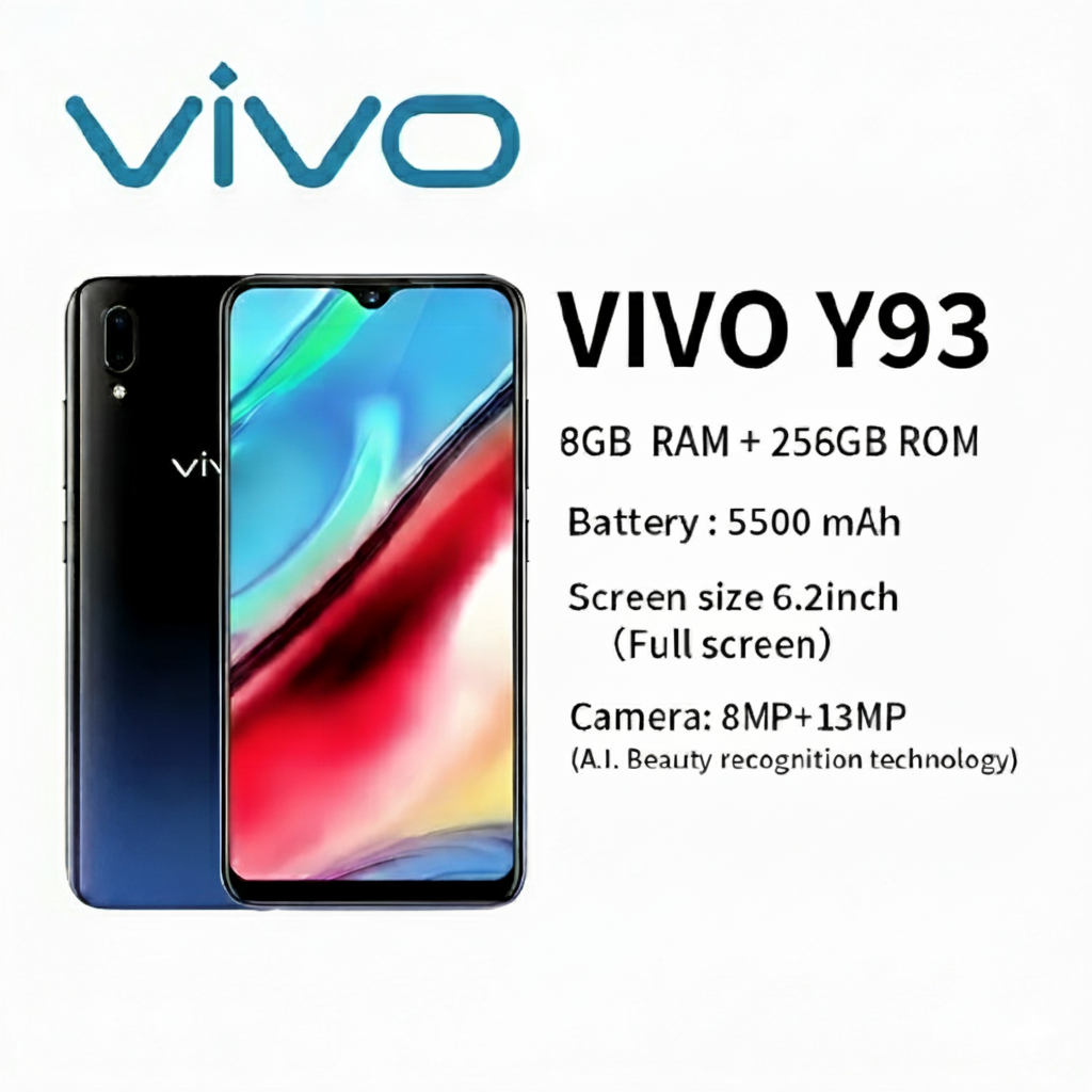 Refurbished VIVO Y93 6.2-inch 8 GB RAM + 256GB ROM Smartphone Face Recognition 18 MP + 2 MP AI Smart Dual Camera 8 MP Front Camera 5500 mAh Battery Capacity Dual SIM Gaming Phone