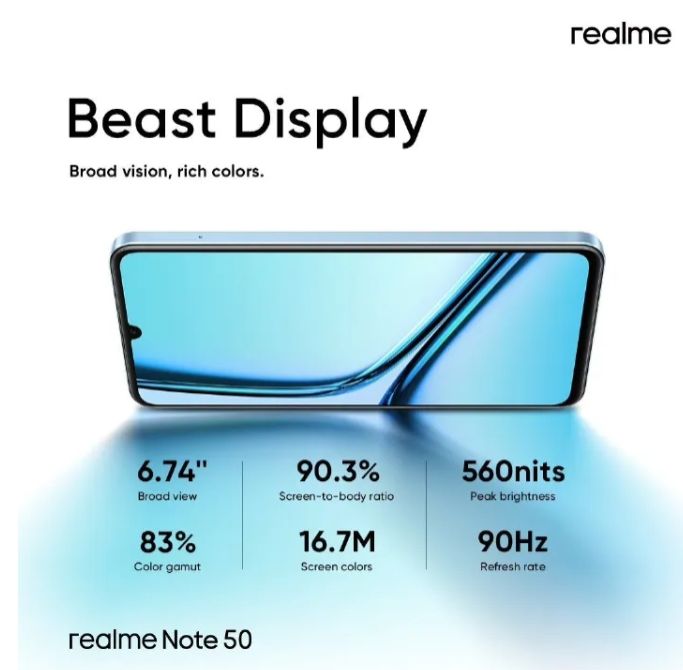 [New Arrival] Realme Note 50 256GB+8GB RAM 6.74" 90Hz Display 13MP+5MP Cameras Dual SIM IP54 Dust/Water Resistant 5000mAh Battery Fast Charge MicroSD Support Android Smart Phone