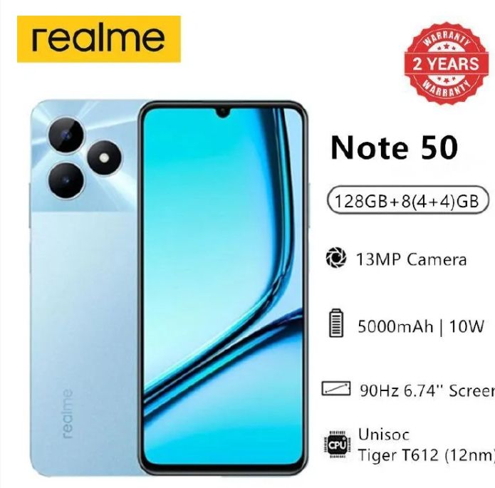 [New Arrival] Realme Note 50 256GB+8GB RAM 6.74" 90Hz Display 13MP+5MP Cameras Dual SIM IP54 Dust/Water Resistant 5000mAh Battery Fast Charge MicroSD Support Android Smart Phone