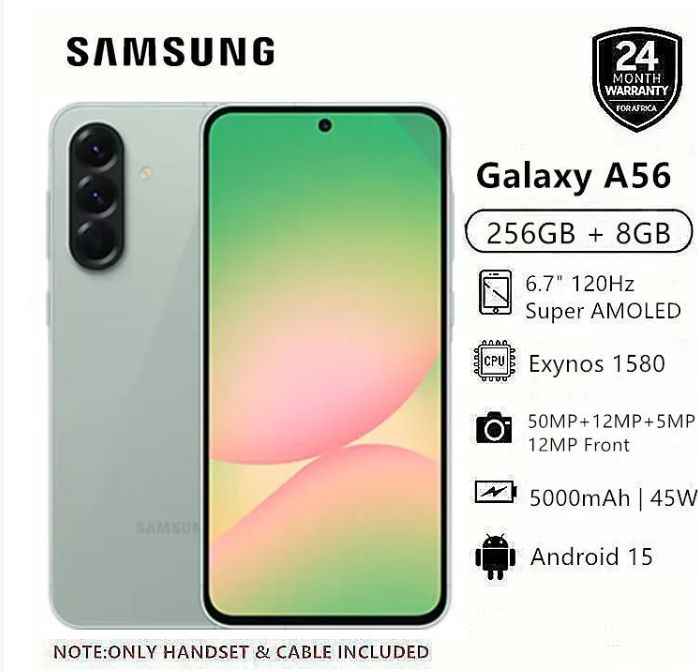 Samsung Galaxy A56 5G 256GB+8GB 120Hz 6.7" Super AMOLED 50MP+12MP Triple Camera IP67 Dust/Water Resistant Android 15+(6 Years Android Updates) 5000mAh 45W 65% in 30Min Type-C SmartPhone Mobile Phone