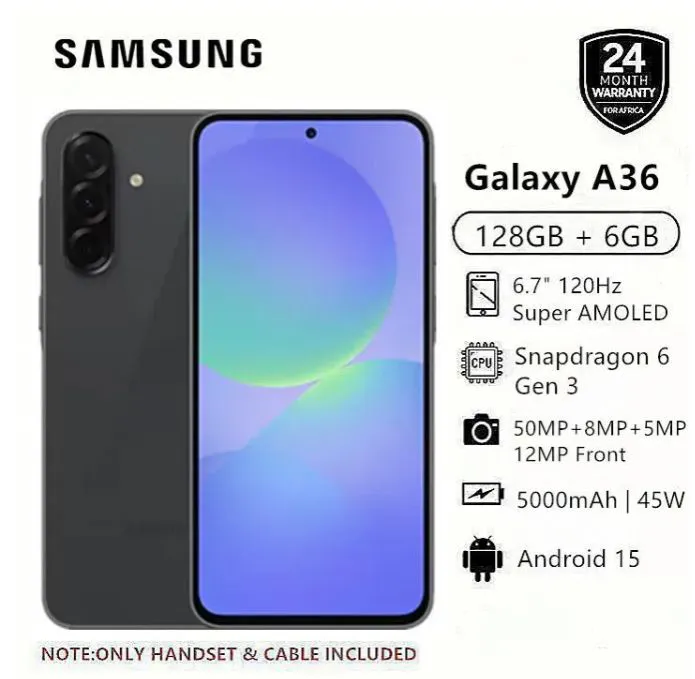 Samsung Galaxy A36 5G 128GB+6GB 120Hz 6.7" Super AMOLED 50MP+12MP+8MP Triple Camera IP67 Dust/Water Resistant Android 15 5000mAh 45W 65% in 30Min Type-C Smart Phones Fingerprint Unlock