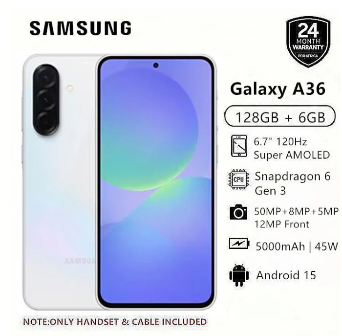 Samsung Galaxy A36 5G 128GB+6GB 120Hz 6.7" Super AMOLED 50MP+12MP+8MP Triple Camera IP67 Dust/Water Resistant Android 15 5000mAh 45W 65% in 30Min Type-C Smart Phones Fingerprint Unlock