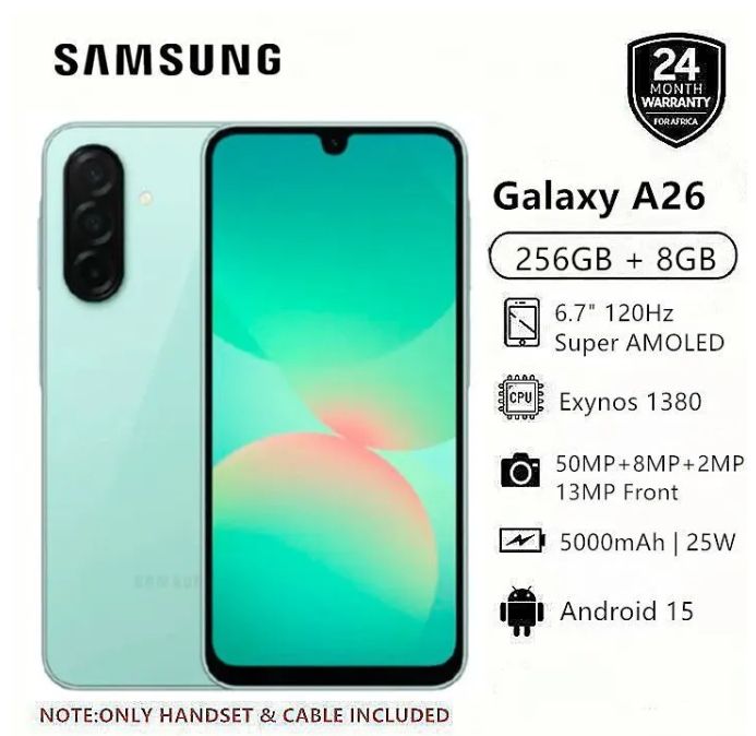 New Arrival Samsung Galaxy A26 5G 256GB+8GB 6.7" 120Hz Super AMOLED Display 50MP Triple Camera Android 15 Exynos 1380 IP67 Dust Water Resistant 5000mAh 25W Type-C Charge SmartPhones Mobile phone
